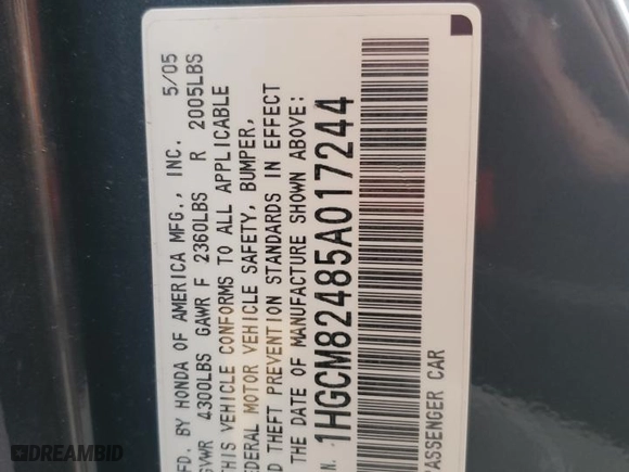 2005 Honda Accord Cpe LX V6 SE with VIN 1HGCM82485A017244, listed as a Copart auction lot 75055174 with 158,654 mi miles and Salvage Title. Bid and sale history available at carsss.com. Image 13.