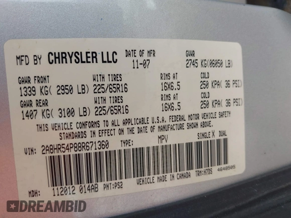 2008 Chrysler Town & Country Touring with VIN 2A8HR54P88R671360, listed as a IAAI auction lot 42104217 with 212,828 mi miles and . Bid and sale history available at DreamBid. Image 9.