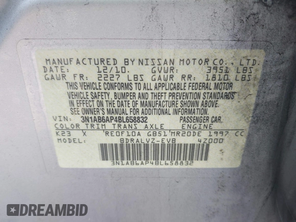 2011 Nissan Sentra SR with VIN 3N1AB6AP4BL658832, listed as a IAAI auction lot 41802807 with 136,924 mi miles and . Bid and sale history available at DreamBid. Image 9.