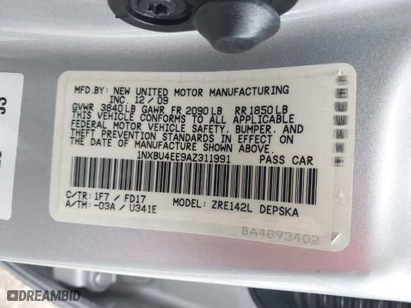2010 Toyota Corolla with VIN 1NXBU4EE9AZ311991, listed as a IAAI auction lot 41735774 with 117,923 mi miles. Bid and sale history available at carsss.com. Image 9.