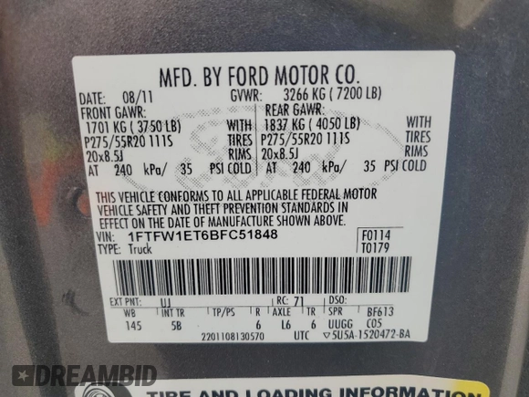 2011 Ford F-150 XLT with VIN 1FTFW1ET6BFC51848, listed as a Copart auction lot 66227495 with 116,053 mi miles and Clean title. Bid and sale history available at DreamBid. Image 12.