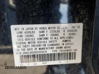 2005 Acura TSX with VIN JH4CL96995C020878, listed as a Copart auction lot 59736325 with 196,462 mi miles and Salvage title. Bid and sale history available at DreamBid. Image 12.