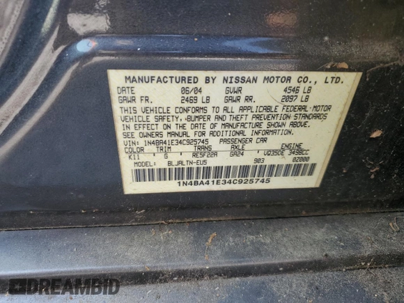 2004 Nissan Maxima SE with VIN 1N4BA41E34C925745, listed as a Copart auction lot 59056525 with 127,301 mi miles and Non repairable. Bid and sale history available at DreamBid. Image 12.