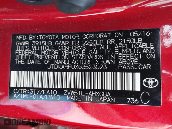 2016 Toyota Prius Four with VIN JTDKARFUXG3523023, listed as a IAAI auction lot 41754221 with 74,988 mi miles. Bid and sale history available at carsss.com. Image 9.