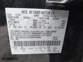 2010 Ford Edge SEL with VIN 2FMDK4JC9ABA70040, listed as a IAAI auction lot 39130825 with 153,618 mi miles. Bid and sale history available at carsss.com. Image 9.