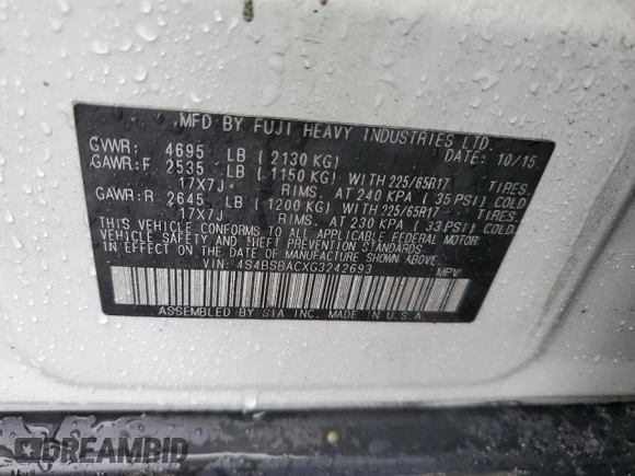 2016 Subaru Outback 2.5i with VIN 4S4BSBACXG3242693, listed as a Copart auction lot 70896694 with Not provided miles and Salvage title. Bid and sale history available at DreamBid. Image 14.