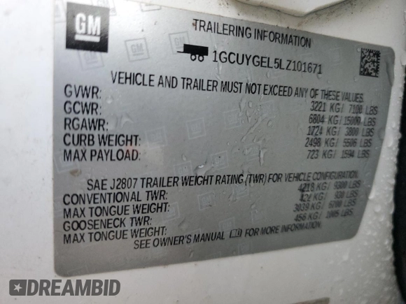 2020 Chevrolet Silverado 1500 LTZ with VIN 1GCUYGEL5LZ101671, listed as a Copart auction lot 41624055 with Not Provided miles and Salvage Title. Bid and sale history available at DreamBid. Image 12.