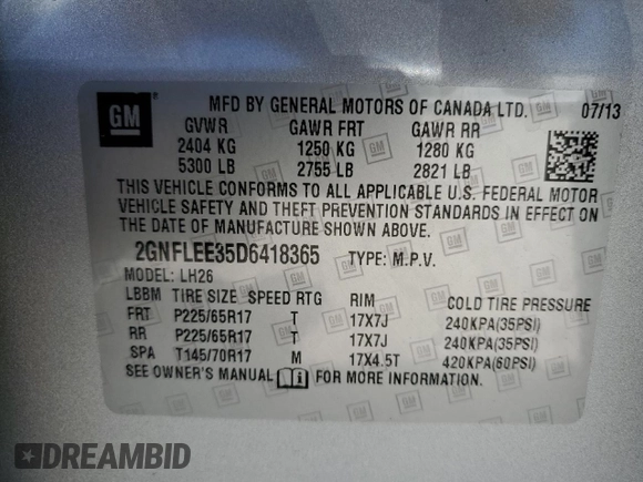 2013 Chevrolet Equinox LT with VIN 2GNFLEE35D6418365, listed as a Copart auction lot 53842895 with 22,683 mi miles and Salvage Title. Bid and sale history available at DreamBid. Image 12.