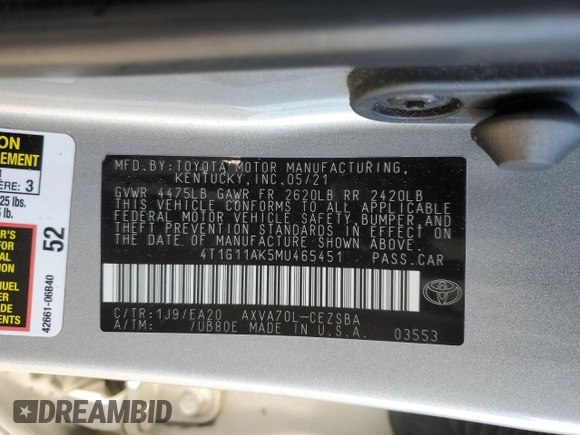2021 Toyota Camry SE Nightshade with VIN 4T1G11AK5MU465451, listed as a Copart auction lot 48174715 with 72,519 mi miles and Salvage Title. Bid and sale history available at carsss.com. Image 14.
