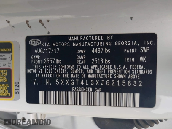 2018 Kia Optima LX with VIN 5XXGT4L3XJG215632, listed as a IAAI auction lot 41785035 with 94,854 mi miles and . Bid and sale history available at DreamBid. Image 9.