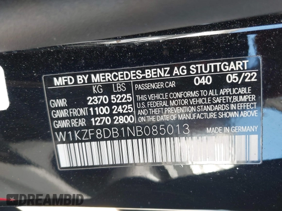 2022 Mercedes-Benz E 350 with VIN W1KZF8DB1NB085013, listed as a IAAI auction lot 41881502 with 83,238 mi miles and . Bid and sale history available at DreamBid. Image 9.