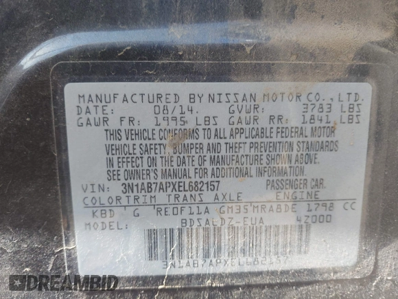 2014 Nissan Sentra S with VIN 3N1AB7APXEL682157, listed as a IAAI auction lot 41712934 with 129,488 mi miles and . Bid and sale history available at DreamBid. Image 9.
