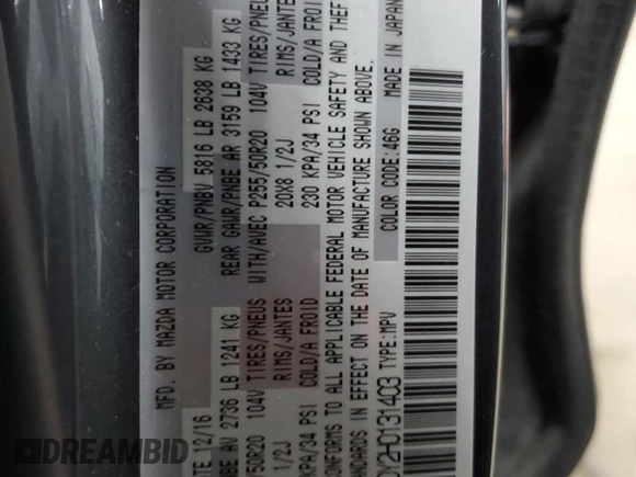 2017 Mazda CX-9 Grand Touring with VIN JM3TCBDY2H0131403, listed as a Copart auction lot 62013455 with 120,149 mi miles and Salvage title. Bid and sale history available at DreamBid. Image 13.