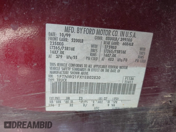 2000 Ford F-250 XL with VIN 1FTNW21FXYEB02830, listed as a IAAI auction lot 42627199 with 278,856 mi miles and . Bid and sale history available at DreamBid. Image 9.