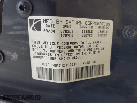 2004 Saturn ION ION 2 z VIN 1G8AJ52F74Z192013, wystawiony jako IAAI lot #42321393 z przebiegiem 158 083 mil mil oraz . Historia ofert i sprzedaży dostępna na DreamBid. Obrazek 9.