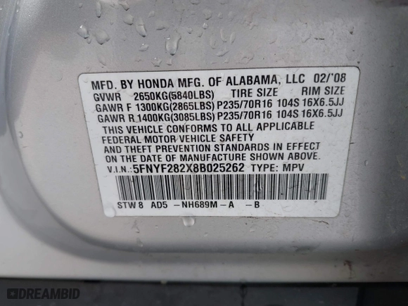 2008 Honda Pilot VP with VIN 5FNYF282X8B025262, listed as a IAAI auction lot 42110604 with 231,980 mi miles. Bid and sale history available at carsss.com. Image 9.