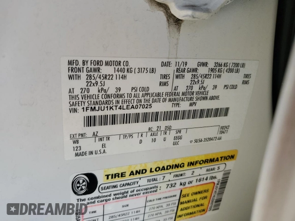 2020 Ford Expedition Limited with VIN 1FMJU1KT4LEA07025, listed as a Copart auction lot 47096345 with 91,114 mi miles and Salvage title. Bid and sale history available at DreamBid. Image 15.