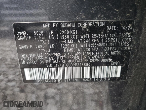 2024 Subaru Outback Wilderness с VIN 4S4BTGUD2R3188906, выставлен на аукционе Copart как лот 54582675 с пробегом 25 272 миль миль и Списание • Salvage title. История ставок и продаж доступна на DreamBid. Изображение 13.