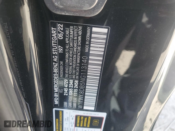2022 Mercedes-Benz C 300 with VIN W1KWK8DB5NG113140, listed as a Copart auction lot 76947864 with Not Provided miles and Non Repairable. Bid and sale history available at DreamBid. Image 13.