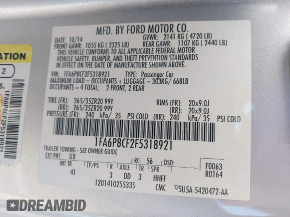 2015 Ford Mustang GT with VIN 1FA6P8CF2F5318921, listed as a IAAI auction lot 42107323 with 61,176 mi miles and . Bid and sale history available at carsss.com. Image 9.