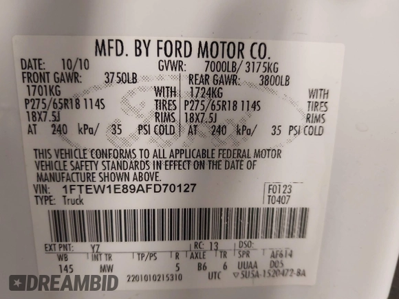 2010 Ford F-150 XL с VIN 1FTEW1E89AFD70127, выставлен на аукционе IAAI как лот 41782978 с пробегом 131 599 миль миль и . История ставок и продаж доступна на DreamBid. Изображение 9.