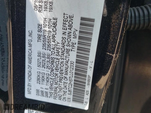 2020 Acura RDX Technology with VIN 5J8TC2H57LL012330, listed as a Copart auction lot 60165345 with Not provided miles and Non repairable. Bid and sale history available at DreamBid. Image 12.