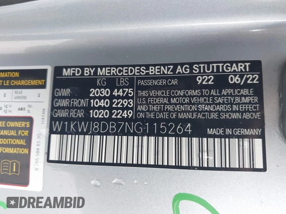 2022 Mercedes-Benz C 300 with VIN W1KWJ8DB7NG115264, listed as a IAAI auction lot 41353889 with 24,361 mi miles and . Bid and sale history available at DreamBid. Image 9.