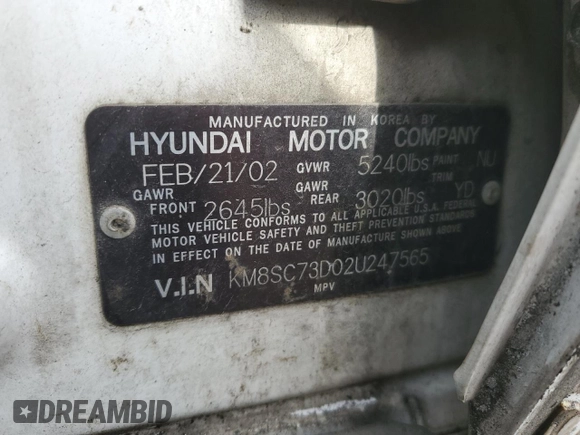 2002 Hyundai Santa Fe GLS with VIN KM8SC73D02U247565, listed as a Copart auction lot 82780014 with Not Provided miles and Salvage Title. Bid and sale history available at carsss.com. Image 13.