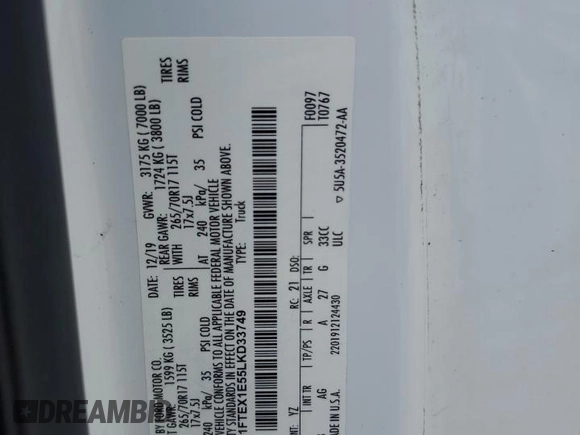 2020 Ford F-150 XL with VIN 1FTEX1E55LKD33749, listed as a Copart auction lot 61183845 with 120,277 mi miles and Salvage title. Bid and sale history available at DreamBid. Image 12.