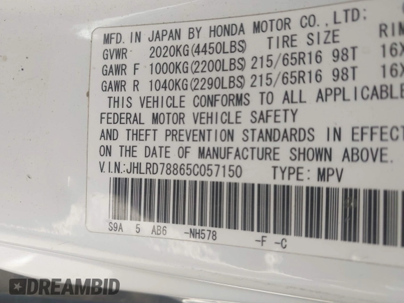 2005 Honda CR-V EX with VIN JHLRD78865C057150, listed as a IAAI auction lot 42148093 with 179,119 mi miles. Bid and sale history available at carsss.com. Image 9.
