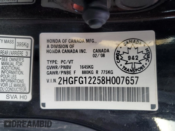 2008 Honda Civic Cpe DX with VIN 2HGFG12258H007657, listed as a Copart auction lot 76782534 with 181,987 mi miles and Salvage Title. Bid and sale history available at carsss.com. Image 12.