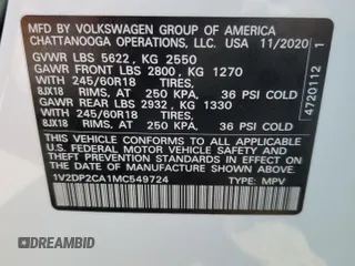 2021 Volkswagen Atlas SE with VIN 1V2DP2CA1MC549724, listed as a Copart auction lot 50237905 with 45,932 mi miles and Salvage title. Bid and sale history available at DreamBid. Image 14.