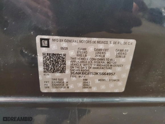 2019 Chevrolet Blazer with VIN 3GNKBGRS3KS664957, listed as a Copart auction lot 54047485 with 181,141 mi miles and Salvage Title. Bid and sale history available at carsss.com. Image 13.