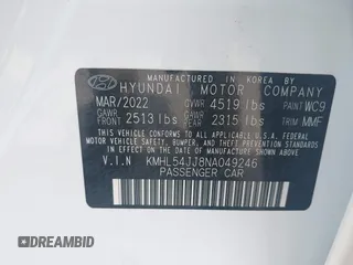 2022 Hyundai Sonata Limited z VIN KMHL54JJ8NA049246, wystawiony jako IAAI lot #42115974 z przebiegiem 78 231 mil mil oraz . Historia ofert i sprzedaży dostępna na DreamBid. Obrazek 9.