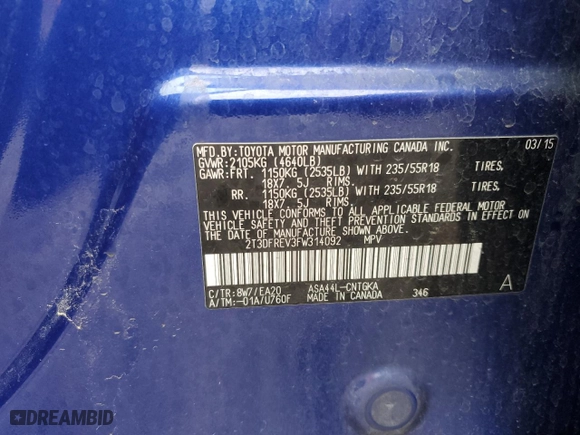 2015 Toyota RAV4 Limited with VIN 2T3DFREV3FW314092, listed as a Copart auction lot 51000815 with 118,597 mi miles and Salvage Title. Bid and sale history available at carsss.com. Image 15.