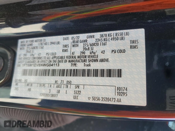 2022 Ford F-150 Lightning Pro z VIN 1FT6W1EV8NWG04113, wystawiony jako Copart lot #57489635 z przebiegiem 48 990 mil mil oraz Szkoda całkowita • Salvage title. Historia ofert i sprzedaży dostępna na DreamBid. Obrazek 12.