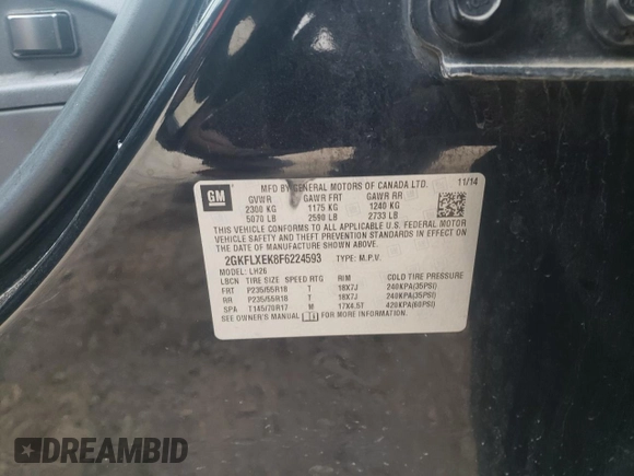 2015 GMC Terrain SLT with VIN 2GKFLXEK8F6224593, listed as a Copart auction lot 43544305 with 190,861 mi miles and Salvage Title. Bid and sale history available at DreamBid. Image 13.