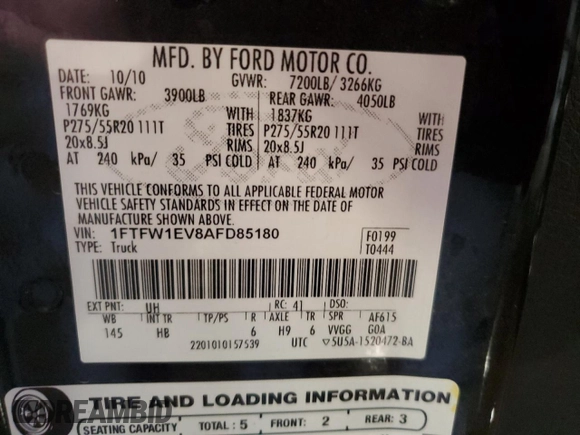 2010 Ford F-150 XL with VIN 1FTFW1EV8AFD85180, listed as a Copart auction lot 51038765 with 182,015 mi miles and Salvage Title. Bid and sale history available at carsss.com. Image 12.