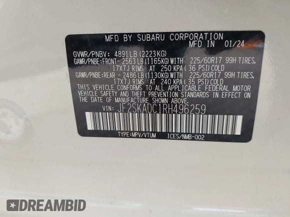 2024 Subaru Forester Premium with VIN JF2SKADC1RH496259, listed as a IAAI auction lot 42288694 with 13,568 mi miles and . Bid and sale history available at DreamBid. Image 9.
