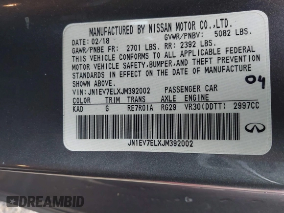 2018 Infiniti Q60 3.0t LUXE with VIN JN1EV7ELXJM392002, listed as a IAAI auction lot 41153596 with 51,369 mi miles. Bid and sale history available at carsss.com. Image 9.