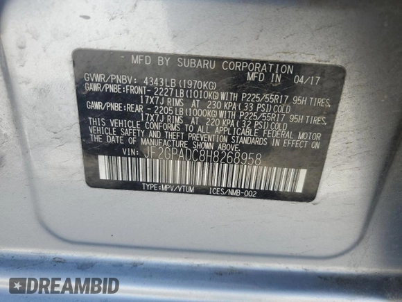 2017 Subaru Crosstrek Premium with VIN JF2GPADC8H8268958, listed as a Copart auction lot 59991925 with 68,637 mi miles and Salvage title. Bid and sale history available at DreamBid. Image 12.