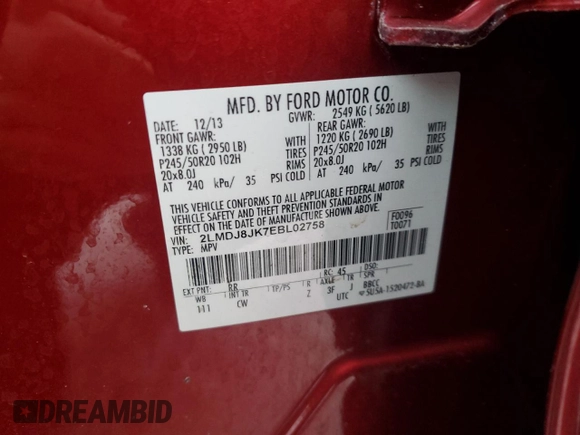 2014 Lincoln MKX with VIN 2LMDJ8JK7EBL02758, listed as a Copart auction lot 89370005 with 165,585 mi miles and Clean Title. Bid and sale history available at DreamBid. Image 13.