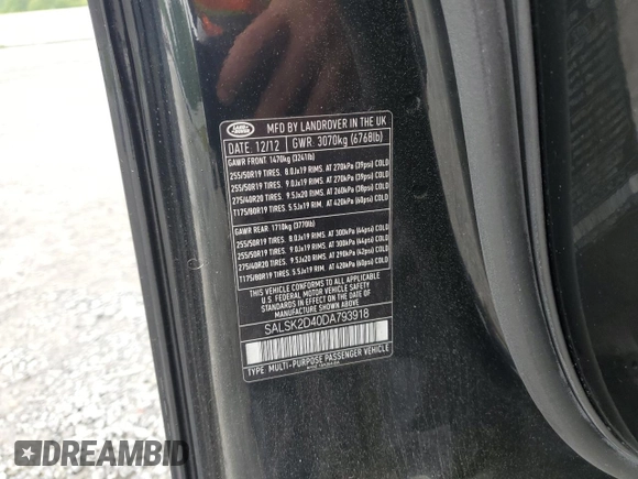 2013 Land Rover Range Rover Sport HSE Lux с VIN SALSK2D40DA793918, выставлен на аукционе Copart как лот 54252955 с пробегом 128 000 миль миль и Списание • Salvage title. История ставок и продаж доступна на DreamBid. Изображение 13.
