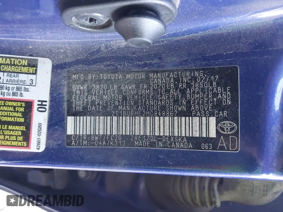 2017 Toyota Corolla L z VIN 2T1BURHE2HC848867, wystawiony jako IAAI lot #41699834 z przebiegiem 138 679 mil mil oraz . Historia ofert i sprzedaży dostępna na DreamBid. Obrazek 9.