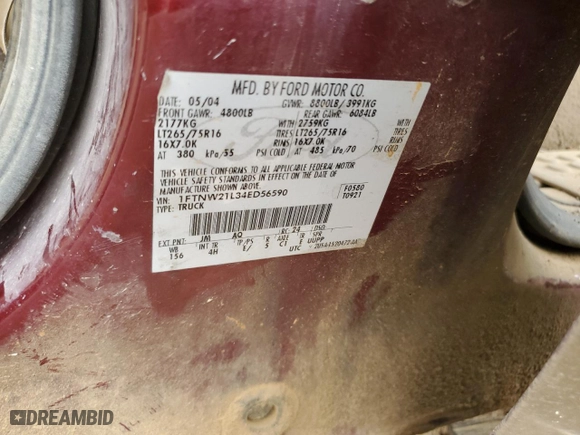 2004 Ford Super Duty F-250 XL with VIN 1FTNW21L34ED56590, listed as a Copart auction lot 79645464 with 3,333,705 mi miles and Salvage Title. Bid and sale history available at carsss.com. Image 12.