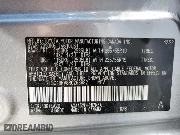 2024 Toyota RAV4 XLE Premium z VIN 2T3C1RFV8RC263882, wystawiony jako Copart lot #63328475 z przebiegiem 11 788 mil mil oraz Szkoda całkowita • Salvage title. Historia ofert i sprzedaży dostępna na DreamBid. Obrazek 13.
