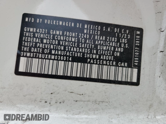 2024 Volkswagen Jetta 40th Anniversary Edition with VIN 3VW8T7BUXRM036014, listed as a Copart auction lot 44445725 with 4,625 mi miles and Salvage title. Bid and sale history available at DreamBid. Image 12.