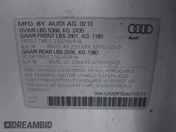2013 Audi Q5 Premium with VIN WA1CFAFP7DA070577, listed as a IAAI auction lot 42021724 with 142,449 mi miles. Bid and sale history available at carsss.com. Image 9.
