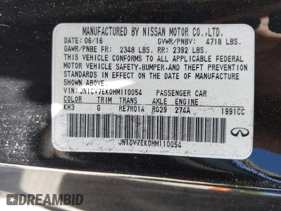 2017 Infiniti Q60 Premium with VIN JN1CV7EK0HM110054, listed as a IAAI auction lot 42293475 with Not provided miles and . Bid and sale history available at DreamBid. Image 9.