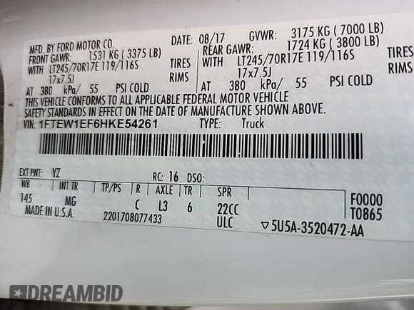 2017 Ford F-150 XL with VIN 1FTEW1EF6HKE54261, listed as a IAAI auction lot 42621287 with 157,861 mi miles and . Bid and sale history available at DreamBid. Image 3.